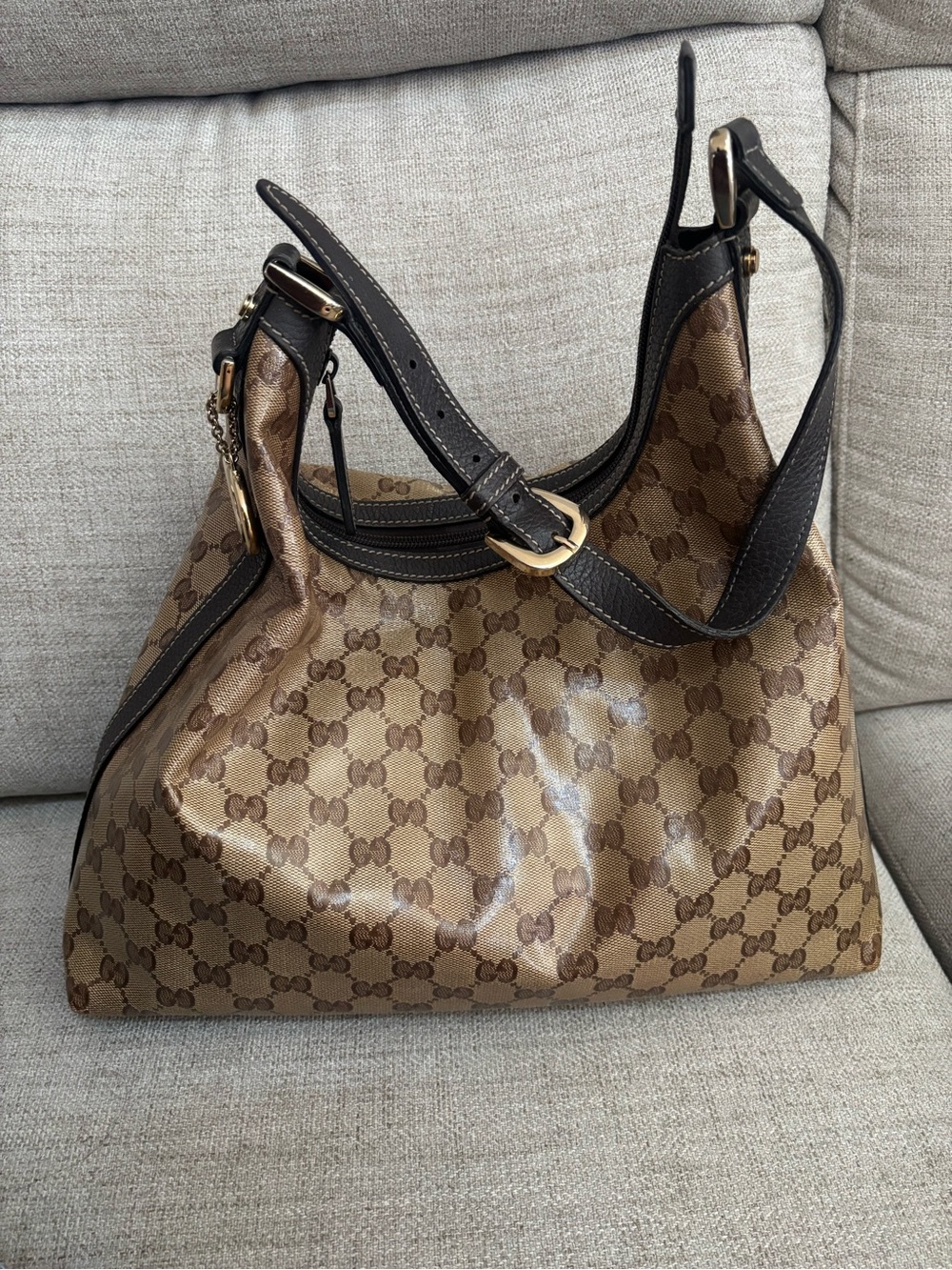 Gucci Crystal PVC Shoulder Bag Beige Brown Authentic Used Good Condition
